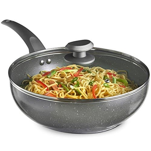 Image of VonShef Non-Stick Wok, Induction Safe Non-Stick Frying Pan, Deep Aluminium Stir Fry Wok with Glass Lid & Stay Cool Handle, 28cm Diameter & Marble Finish