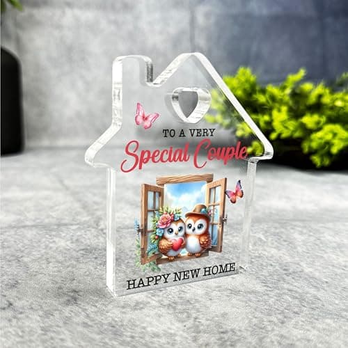 Image of Acrylic Ornament Gift For Special Couple New Home Cute Owl House Ornament Acrylic Plaque Present | Gift Birthday Present New Home Keepsake Gift Custom Home Decor Gift, Small Trinket, Unique Present