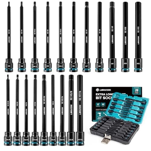 Image of LIBRATON 3/8" Drive Extra Long Hex Socket Wrench, S2 Alloy Steel Impact Sockets, 20PCS SAE & Metric Allen Bit Set, 6" Long, Blow Molded Box