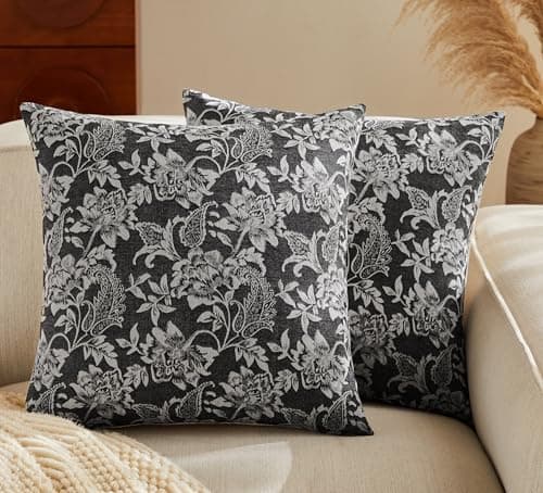 Image of YZJZEDS Floral Jacquard Throw Pillow Covers Set of 2, Background/Charcoal 20x20 Inch, Farmhouse Decorative Cotton Dark Grey Cushion Covers for Sofa Bed Living Room Home Decor