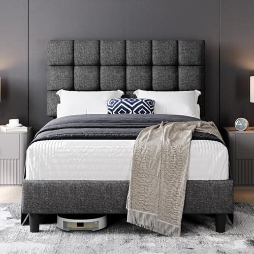 Image of Yaheetech 4ft Small Double Bed Frame Upholstered Platform Bed with Adjustable Square Tufted Headboard/Linen Fabric/Sturdy Wooden Slat Support/No Box Spring Needed, Dark Grey Small Double Bed