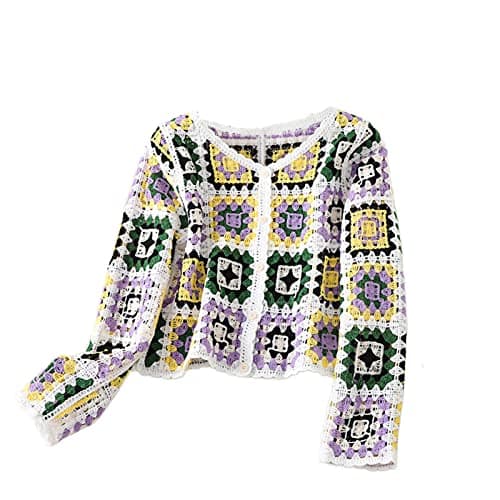 Image of FeMereina Women's Crochet Button Down Cardigan Knit Sweater Long Sleeve V Neck Hollow Out Jumper Beach Floral Cover Up (Purple Square, One Size)
