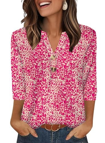 Image of Aokosor Womens 3/4 Sleeve Tops Ladies Blouse V Neck Tunic Long Sleeve T Shirts Curved Hem Office Wear Pink Leopard Flora Top Plus Size 14-16 for UK