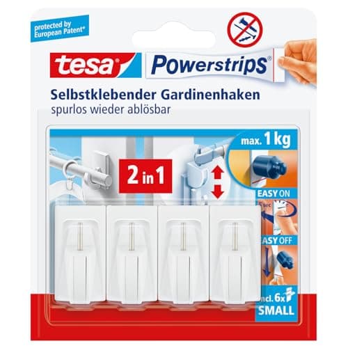 Image of tesa Powerstrips Curtain Hooks - Self-Adhesive Curtain Hooks - Removable and Reusable - Up to 1 kg Load - 1 x 4 Pieces - White
