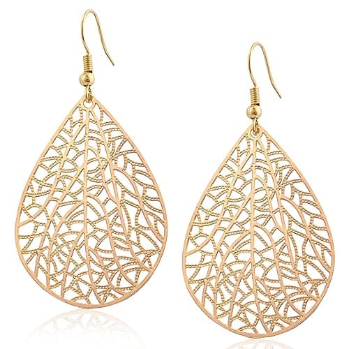 Image of Weviway 14K Gold Plated Teardrop Dangle Earrings, Handmade Leaf Design, Women's Fashion Jewellery