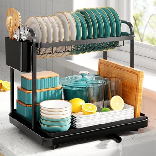 Image of Kitsure Dish Drainer Rack - Space-Saving Dish Drainer, Dish Racks for Kitchen Counter, Stainless Steel Kitchen Drying Rack with a Cutlery Holder, 2-Tiers, Black