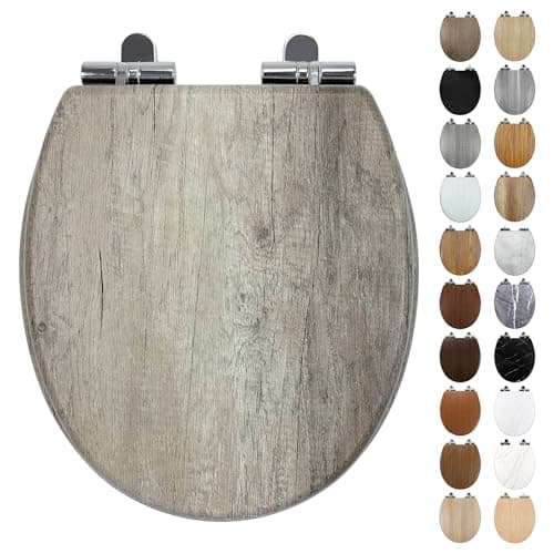 Image of Fanmitrk Grey Wooden Toilet Seat Soft Close, 18mm Thickened MDF Wood Toilet Seat with Adjustable Strong Zinc Alloy Hinges, Comfortable, Durable, Easy Cleaning (MFG196-1)