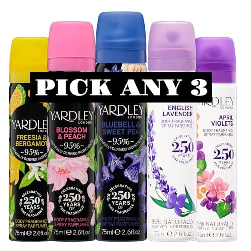 Image of Yardley London Body Fragrance Spray 75ml | Mix & Match Any 3 Scents | Choose from English Lavender, Blossom & Peach, Bluebell & Sweet Pea, Freesia & Bergamot, April Violets | 3 x 75ml