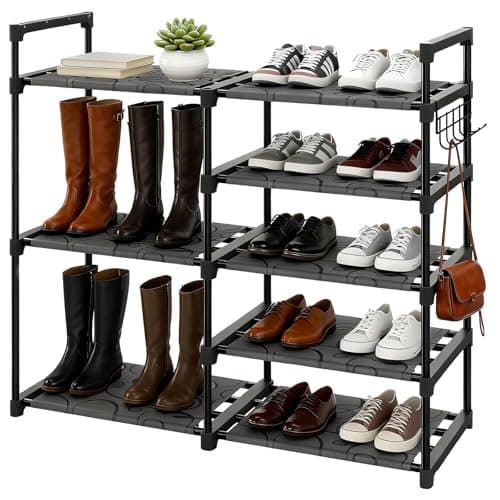 Image of Altdnmaf 5 tier Shoe and Boot Storage Rack, 84cm Wide Large Welly Stand, Stackable Long Show Rack, for Entryway, Hallways, Kitchens, Bedrooms Tidy Organiser, Black