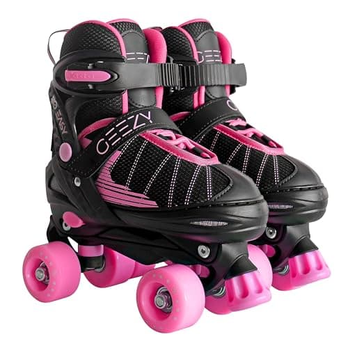 Image of 4 Wheel Adjustable Quad Roller Skates Kids Boots Childrens Rollerskates - Pink, Purple, Blue or Red (Pink/Black, Medium/UK 2-4/)