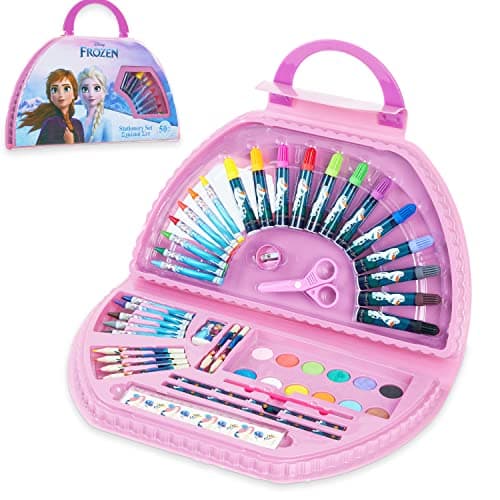Image of Disney Frozen Art Set for Girls with Colouring Pencils Felt Tip Pens Stationery Paints for Kids Elsa Art Supplies School Travel 50 Pcs Gift Set (Pink Frozen)