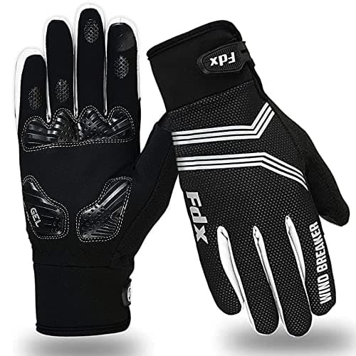 Image of FDX Full Finger Winter Cycling Gloves - Warm Windproof, Mountain Bike Gloves Anti-Slip Padded Palm, Touchscreen, Breathable, Water Resistant MTB Racing and Running Mitts for Men Women (White, XL)