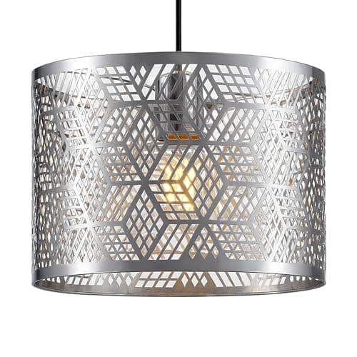 Image of Innoteck Modern Cube-Pattern Chrome Metal Drum Lampshade – Decorative Cut-Out Design – for Ceiling Pendant & Floor Lamp – Fits E27 Holders with B22 Adaptor [Energy Class A++]