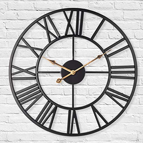 Image of LENAUQ Silent Metal Skeleton Wall Clock, 40cm European Farmhouse Vintage Clock with Roman Numeral, Non-Ticking Battery Operated Hanging Wall Clock for Home Kitchen Cafe Hotel Office Decor(Black)