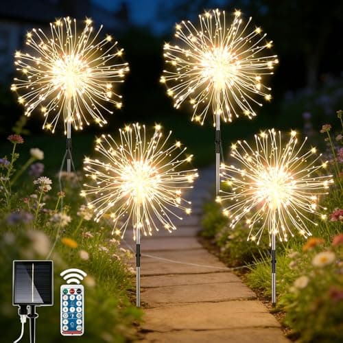 Image of yowin Solar Lights Outdoor Garden 4 x 120 LED Firework Solar Stake Lights with Remote, 2 Charging Methods, Starburst Light Waterproof Garden Ornaments with Copper Wire for Pathway Balcony Decorations