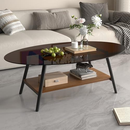 Image of Hawthyhome Round Side Table 2-Tier Coffee Table with Storage Modern Glass Table Metal Frame for Living Room Bedroom Brown Glass