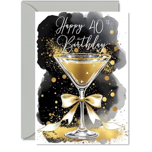 Image of 40th Birthday Card - Golden Champagne Glass - Traditional Elegant Beautiful Gold Birthday Cards for 40 Year Old Woman Man Women Men, A5 Gorgeous Greeting Cards Gift