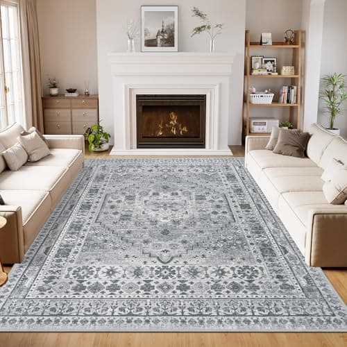 Image of Capslpad Washable Rugs Living Room 200x300cm Distressed Vintage Area Rugs Non-Slip Traditional Oriental Bedroom Carpet Low Pile Thin Floor Mat Rug for Dining Room Kitchen Office Decor, Grey