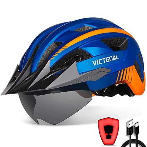 Image of Victgoal Bike Helmet with USB Rechargeable LED Light Removable Magnetic Goggles Visor Breathable MTB Mountain Bicycle Helmet for Unisex Men Women Adjustable Cycle Helmets (M: 54-58 cm, Blue)