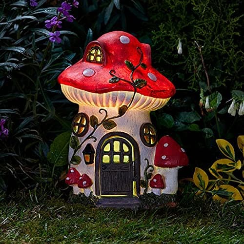 Image of Garden Mile Solar Garden Ornament Outdoor Mushroom Fairy House LED Lighting, Solar Powered Shroom Outdoor Weatherproof Decoration Sculpture with Multi Colour LED's Resin Garden Statues