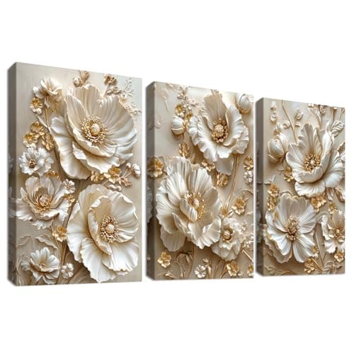 Image of 3 Pcs Wooden Framed Canvas Wall Art Canvas Prints Luxury Apricot Gold 3D Peonies Flowers Painting Vintage Floral Cameo Pictures for Living Room Bedroom Bathroom Hallway Wall Decoration 30x40 cm x3pcs