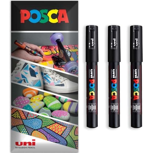 Image of Posca Water Based Acrylic Paint Marker Pens | Multi Surface Use Permanent Paint Pen | Pack of 3 Pens in Envelope Gift Packaging | Glass, Fabric, Canvas, Wood etc | PC-1M, Black