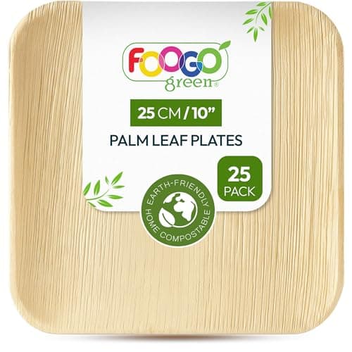 Image of FOOGO Green 25pcs Disposable Palm Leaf Plates, 10"(25cm) Large Square, Eco Friendly Biodegradable Compostable Like Wooden, Bamboo, Paper Plates for Hot Food, Picnic Wedding Parties