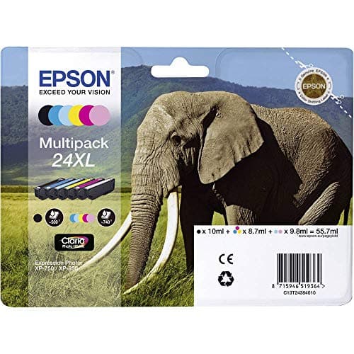 Image of Epson 24XL Elephant High Yield Genuine Multipack, 6-colours Claria Photo HD Ink Cartridges, Black/Yellow/Magenta/Cyan, XL High Capacity
