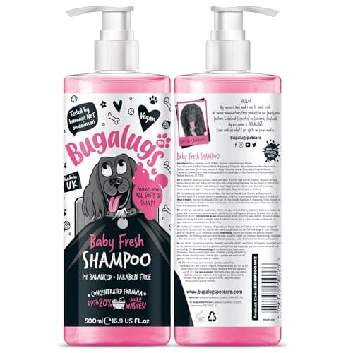 Image of BUGALUGS Baby Fresh Dog Shampoo grooming products for smelly dogs with baby powder scent, best puppy shampoo and conditioner, Vegan pet shampoo professional (1x500ml)