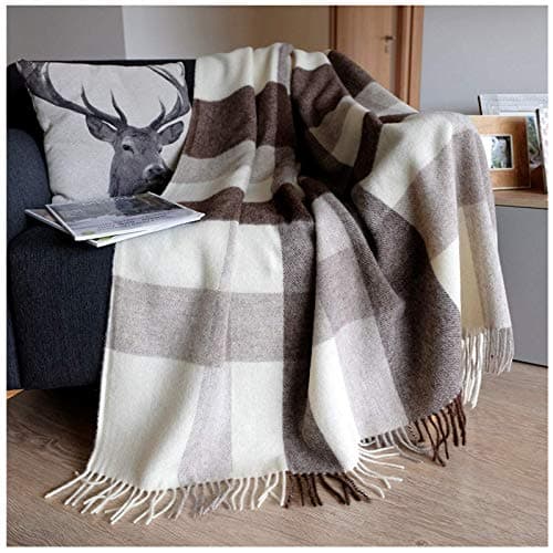 Image of Linen & Cotton Warm Checked Wool Throw/Blanket Devon -100% Pure New Zealand Wool, Brown/Beige/Natural/Cream (140 x 200cm) Plaid For Sofa Bed Couch Settee Armchair Bedspread Single Double Lambswool