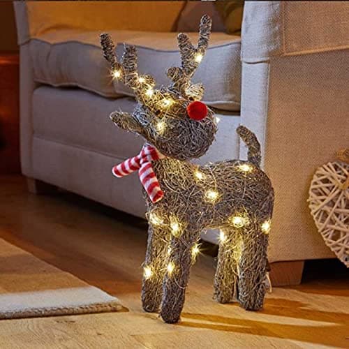 Image of Marco Paul Christmas Light Up Rattan Reindeer - Large 65cm Pre Lit 60 Warm White Battery Powered LED Lights Reindeer Indoor Outdoor Stag Ornament Xmas Garden Decoration