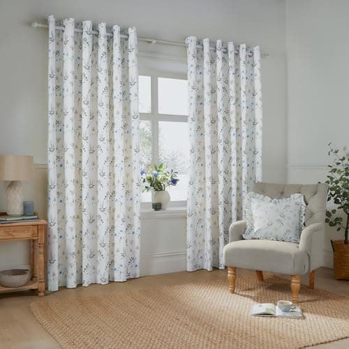Image of furn. Wylder Meadow Eyelet Curtain Pair – 100% Cotton Country Floral Lined Drapes (White/Cornflower - 168x137cm)