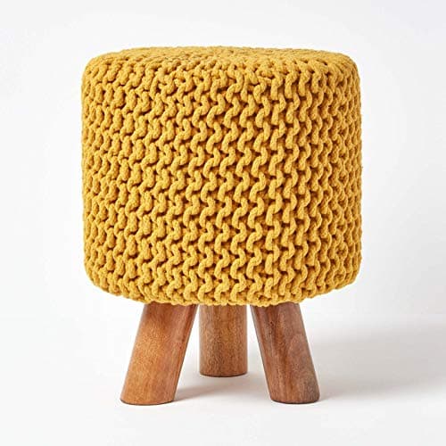 Image of HOMESCAPES Mustard Cotton Knitted Pouffe Footstool with Wooden Legs - 32 x 32 x 42 cm