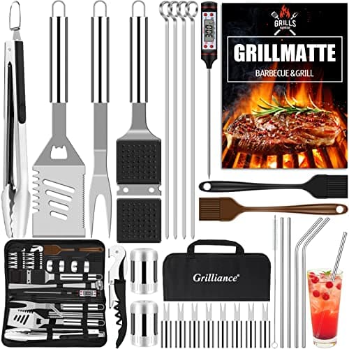 Image of Grilliance 30pcs Stainless Steel Grill Tools Set for Men Gift Birthday, Heavy Duty BBQ Accessories Kit with Bag and Grill Mat, Portable Grilling Utensils for Outdoor Camping Silver
