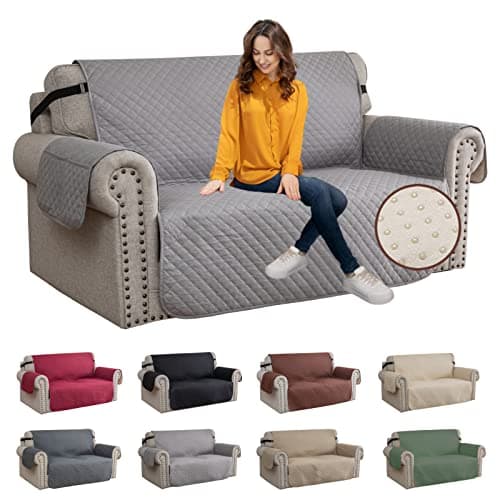 Image of XINEAG Quilted Sofa Covers 2 Seater, Water Resistant Loveseat Covers Sofa Slipcovers with Pockets, Non Slip Sofa Cover for Dogs, Washable Furniture Protector with Elastic Strap (Loveseat, Light Grey)