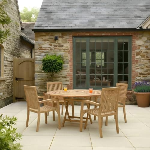Image of CHARLES BENTLEY Teak Round Folding Table, Outdoor, Wooden Dining Table, Seats 3, Slatted Circular Top, Space Saving Foldable Design, Natural Finish, Patio & Garden Furniture (100x75cm)