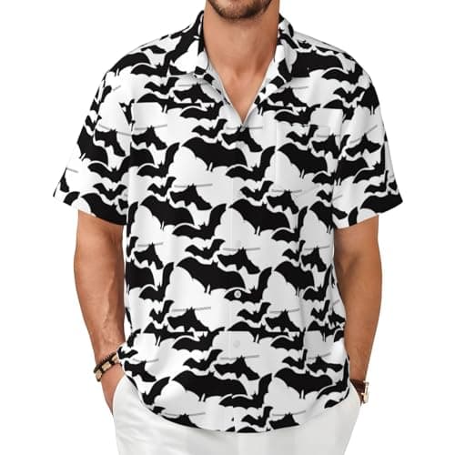 Image of Salelf Black Bats for Men's Short Sleeve Shirt, Classic Casual Button Down Shirt, Comfort Stretch, Black, Large