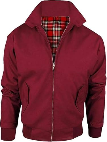 Image of LE11® Harrington Jacket – Smart Casual Unisex Men's & Women's Coat | Vintage Classic Retro 1970's Scooter MOD Skin Bomber | Tartan Lining British Style Zip-Up Bomber Jacket (Wine Burgundy, Small)