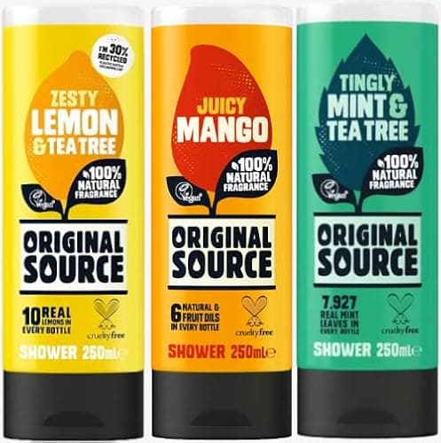 Image of Original Source Pack of 3 250ml Shower Gel Bottles, Zesty Lemon & Tea Tree, Tingly Mint & Tea Tree, Juicy Mango