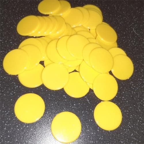 Image of 22mm plastic games counters. pack of 50 counters. Each counter measures 22mm x 1.6mm thick (Yellow)