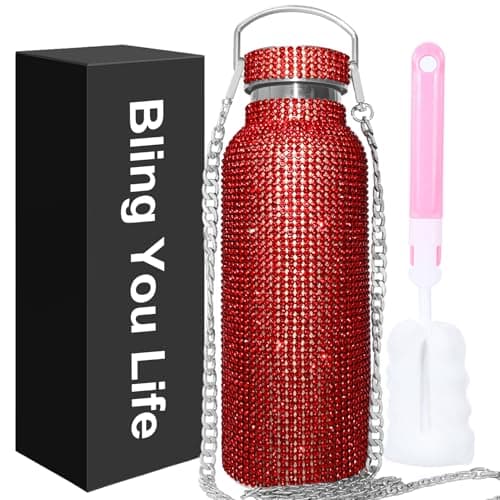 Image of Bling Water Bottle Rhinestone,Diamond Cup,Glitter Stainless Steel Thermal Bottle with 55In Chain,Sparkly Gifts for Girls Women,Rhinestone Tumbler for Anniversary,Birthday (Red)