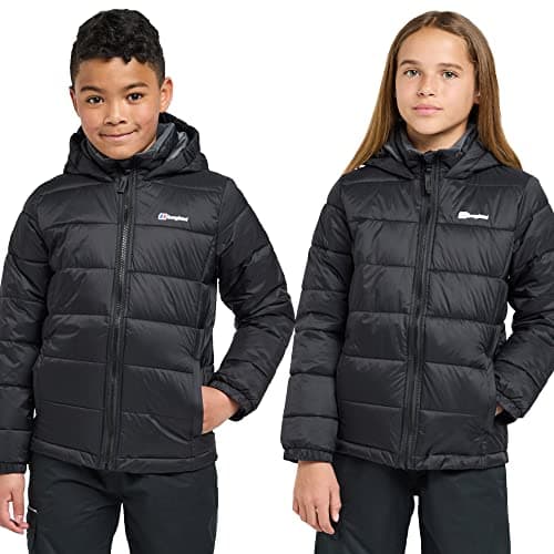 Image of Berghaus Kids' Burham Insulated Jacket with Grown on Hood & 2 Pockets, Lightweight & Water Repellent, Winter Puffer Coat for Boys and Girls (UK, Age, 11 Years, 12 Years, Regular, Black)