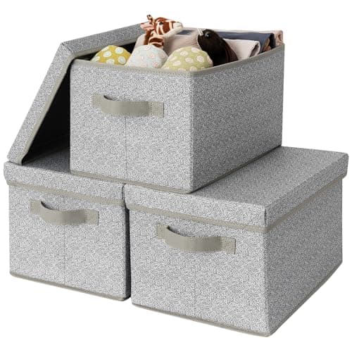 Image of GRANNY SAYS Fabric Storage Boxes with Lids, Pack of 3 Grey Storage Box with Lid, Wardrobe Storage Organiser, Storage Baskets for Shelves, Foldable Storage Box for Bedroom Organising Clothes Toys