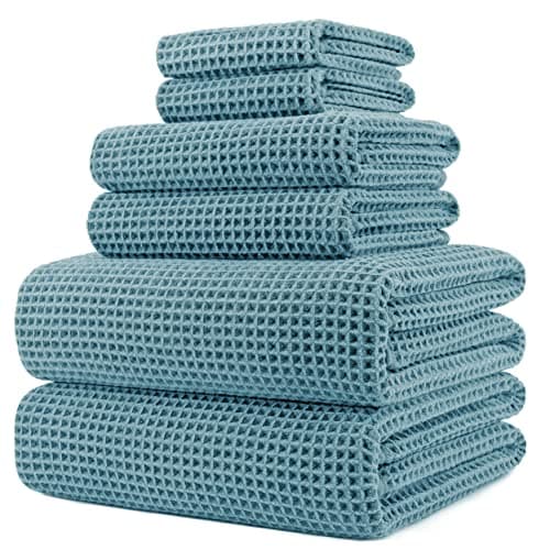Image of POLYTE 430 gsm Microfibre Quick Dry Lint Free Oversize Bath Towel Set, 6 Piece (Beige, Waffle Weave)
