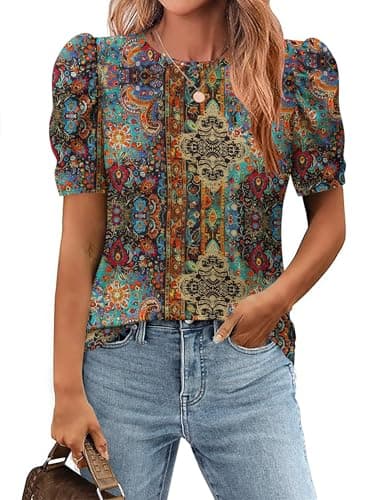 Image of Zeagoo Womens Crew Neck Tops Puff Short Sleeve T-Shirt Floral Printed Summer Tunic Blouse Shirts M