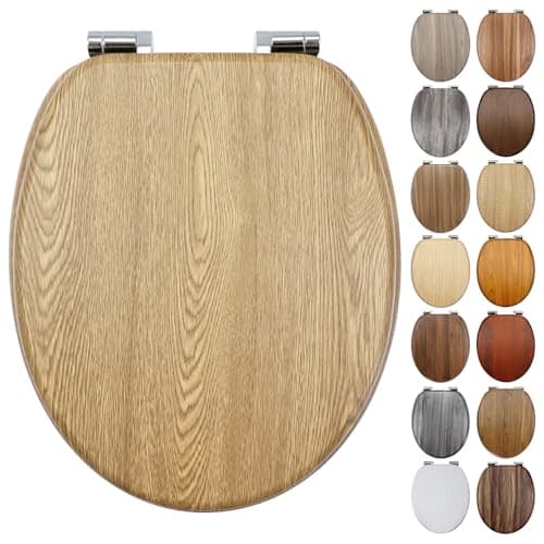 Image of Fanmitrk Oak Wooden Toilet Seat with Soft Close Adjustable Solid Zinc Alloy Hinges, MDF Wood Oval Toilet Seat with Bottom Fixings, Easy to Clean and Install (Oak Effect)