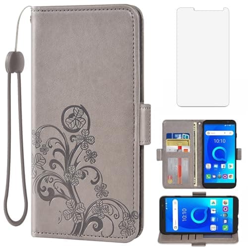 Image of Asuwish Compatible with Alcatel 1 2019 5033E/Alcatel1 2021 4G LTE Wallet Case and Tempered Glass Screen Protector Flip Wrist Strap Credit Card Holder Cell Phone Cover for Vodafone Smart E9 Grey
