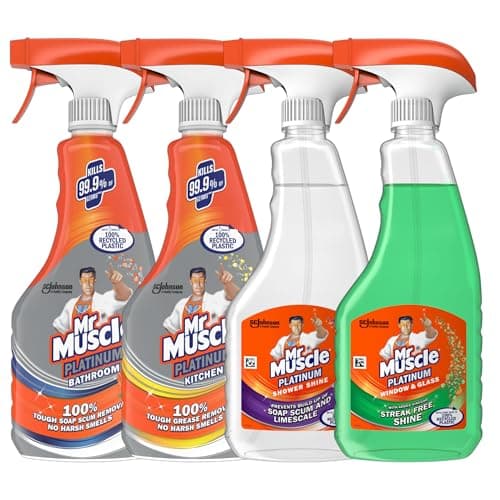 Image of Mr Muscle Platinum Multi-Purpose Cleaning Trigger Set, 4 x 500ml - Bathroom, Kitchen, Shower, and Glass Sprays, 99.9% Effective