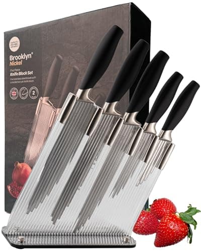 Image of Taylors Eye Witness 5pc Brooklyn Knife Block Set - Sharp & Durable Precision Kitchen Knives with Nickel Finish Bolster. Reeded Storage Block Includes Chef, Bread, Carving, All Purpose & Paring Knives
