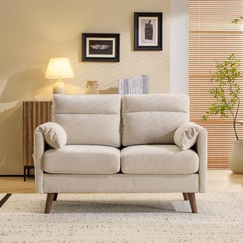 Image of Bonnlo Fabric 2 seater sofa,Small Modern Couch with Soft Cushion,Tapered Legs and Side Pocket Storage,Compact Loveseat with Deep Seat Perfect for Living Room,Bedroom,Office,Dorm,Beige